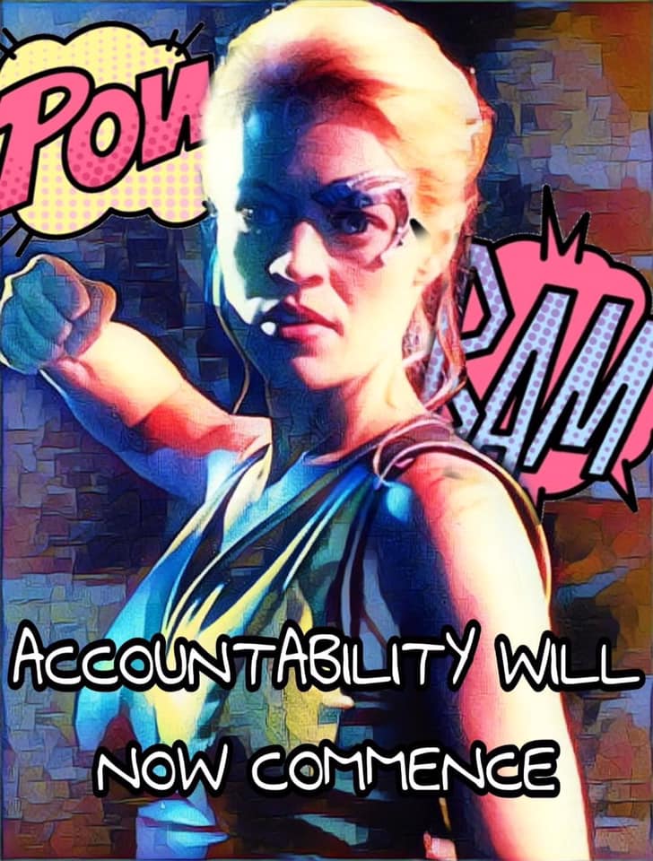 The meme is a photo of a woman with a determined expression, likely from a sci-fi or action movie. The text "I find your lack of faith disturbing" is often associated with this image, but in this case, it has been replaced with "I find your lack of accountability disturbing".